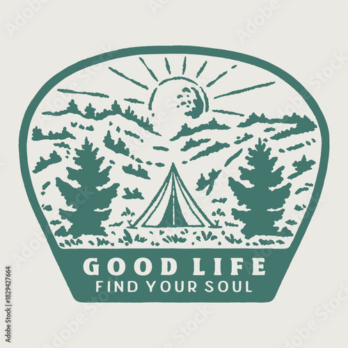 camping illustration forest graphic sun design nature badge outdoor vintage adventure patch