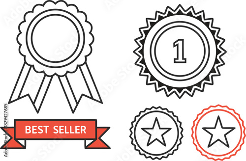 Award ribbons and badges with number one and star medal