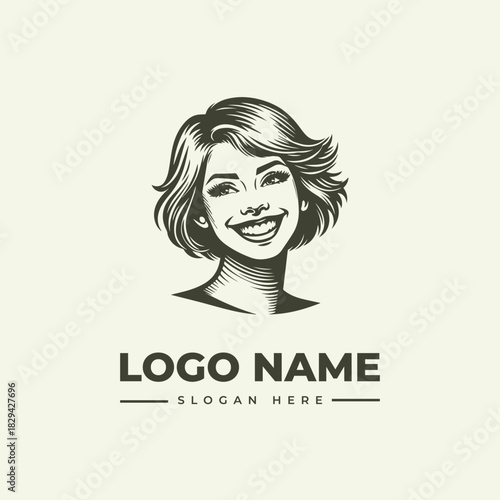 Smiling Woman Face Vintage Engraving Logo Illustration Vector