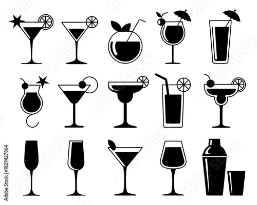 Collection of various black cocktail and drink icons on white background
