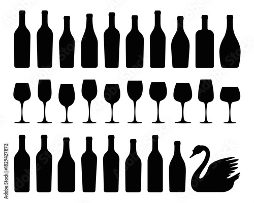 Collection of black silhouettes of wine bottles glasses and a swan