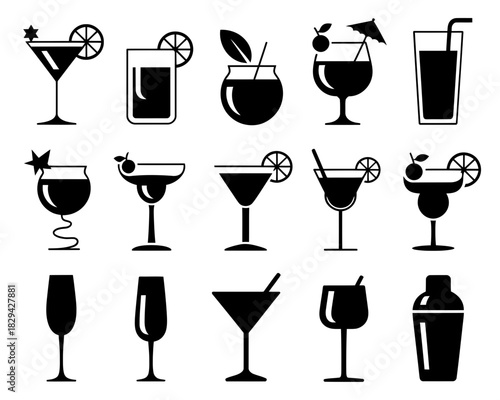 Collection of black and white cocktail and drink icons