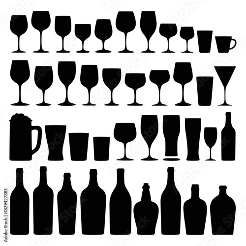 Collection of black silhouettes of various drinkware and bottles