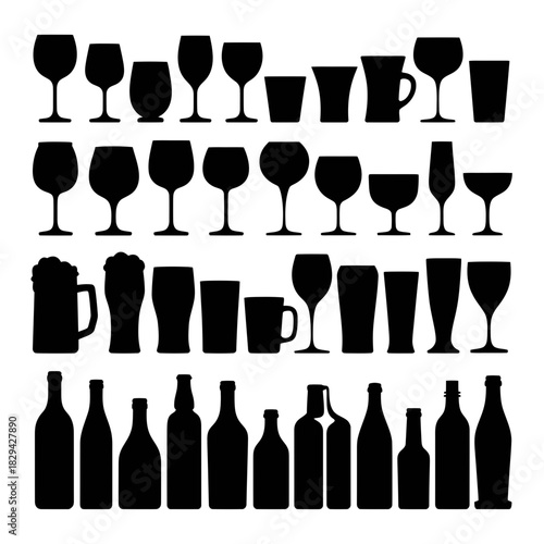 Collection of black silhouettes of various drinkware and bottles