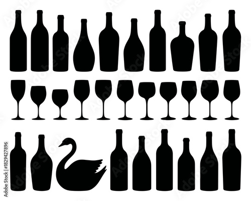 Collection of black silhouettes of wine bottles glasses and a swan
