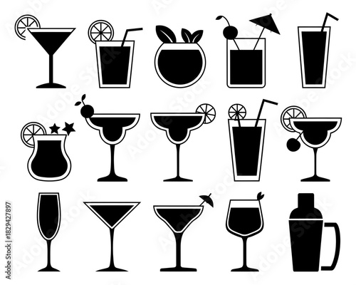 Collection of black and white cocktail and drink icons