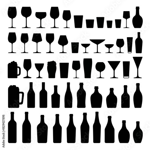 Collection of black silhouettes of various alcoholic and non alcoholic drinkware and bottles