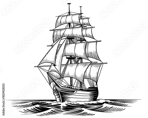 Black and white illustration of a tall ship sailing on wavy seas