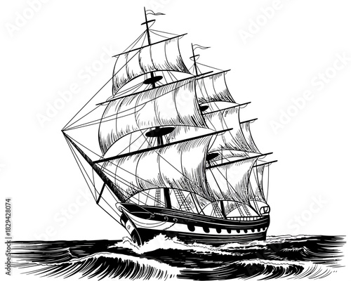 Black and white illustration of a tall ship sailing on rough seas