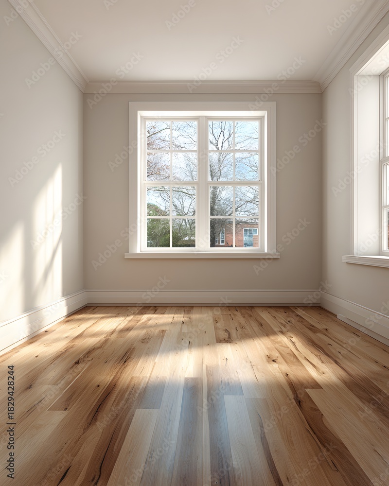 Fototapeta premium Minimal empty room warm timber floor smooth neutral wall natural window light perfect for product staging