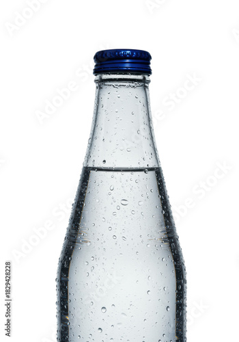 Wallpaper Mural A sleek glass bottle of pristine mineral water with condensation and a reflective cobalt blue cap, studio shot on a white infinity background, precise high-key rim lighting, concept for beverage Torontodigital.ca