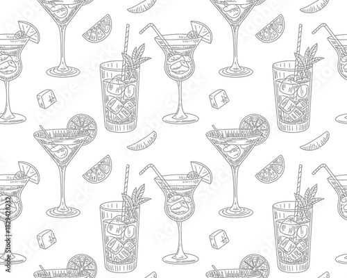 Hand drawn cocktail drinks pattern with ice and fruit slices