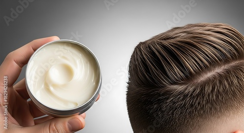 Man holding an open tin of hair styling pomade or wax next to his styled, textured brown hair against a grayBackground image
