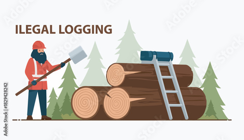 A cartoon illustration depicting illegal logging with a lumberjack and felled trees.