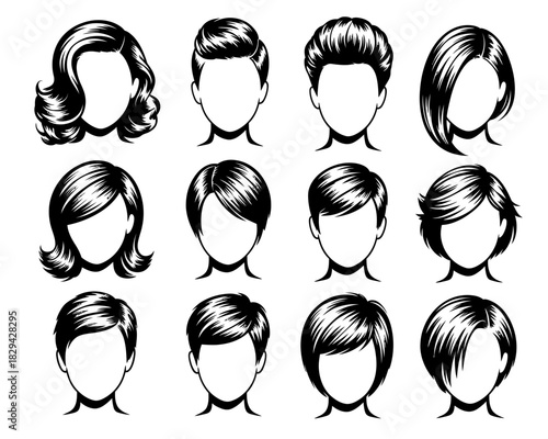 Collection of twelve diverse black and white hairstyle illustrations for men and women