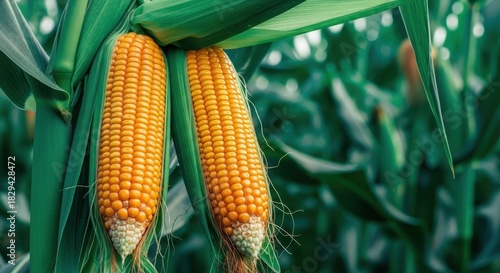 Two ears of ripe corn growing on a green plant