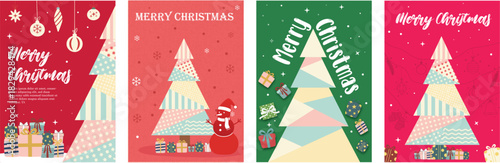 Merry Christmas greeting cards set with abstract patchwork Christmas trees snowmen ornaments and gift boxes for holiday background flyer poster design