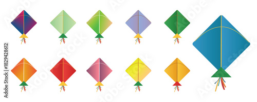 Collection of Colorful Diamond Shaped Kites with Tails for Makar Sankranti Basant Festival Celebration Vector Art Isolated on White Background