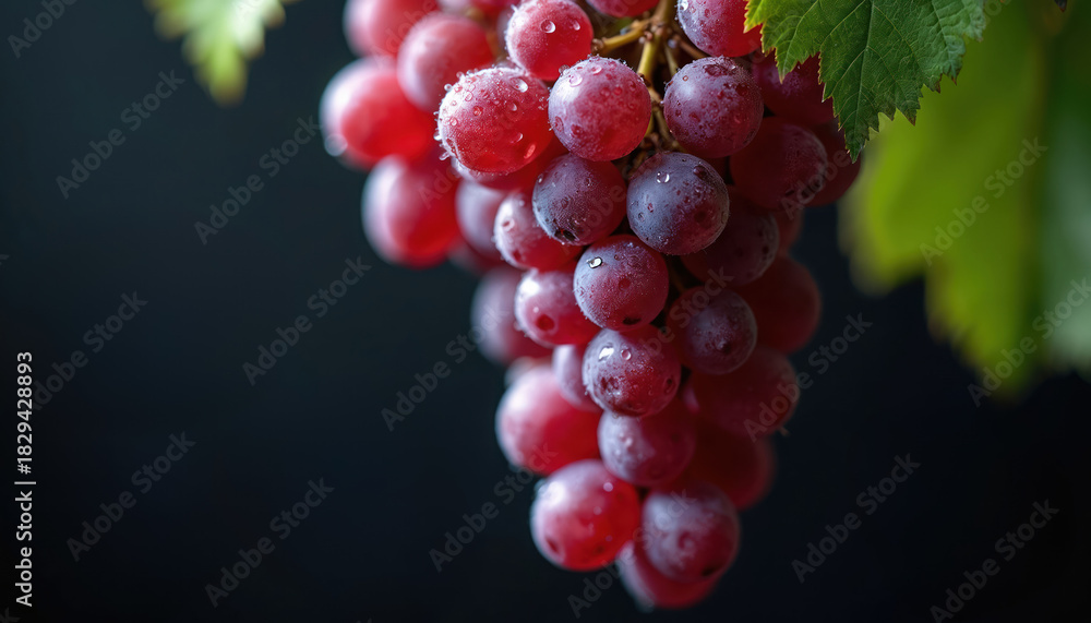 Naklejka premium Fresh red grapes hang from vine branch, covered in water droplets. Juicy berries look delicious, ripe, healthy. Vibrant green leaf adds natural feel. Organic fruit ready to eat, perfect harvest.