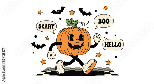 Lively retro cartoon pumpkin character walking with speech bubbles "SCARY" "BOO" "HELLO" bats and stars for Halloween.