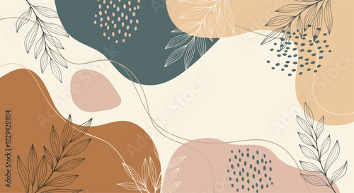 Serene abstract background featuring fluid organic shapes in earthy tones and delicate outlined leaves with subtle dotted textures.