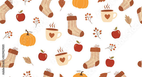 Cozy seamless pattern featuring classic autumn elements like pumpkins red apples warm knitted socks steaming mugs and colorful leaves.