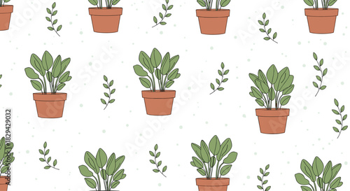 Gentle seamless pattern featuring potted green plants and scattered small leaves on a subtle speckled white background.