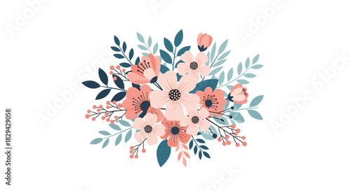Beautiful bouquet of delicate pink and blue flowers with lush green leaves creating a vibrant and charming floral arrangement.
