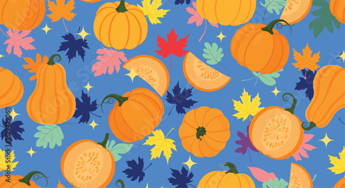 Vibrant seamless pattern featuring various whole and sliced orange pumpkins interspersed with colorful autumn leaves on a blue background.