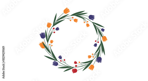 Beautiful floral wreath composed of vibrant orange purple and red tulips with small berries and green leaves.