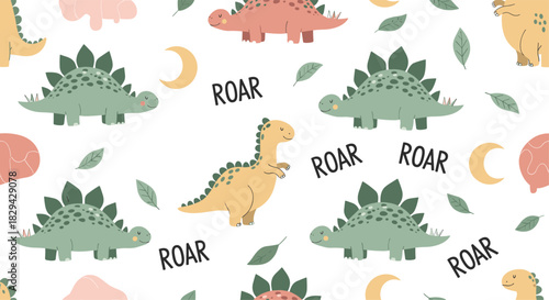 Playful seamless pattern featuring cute cartoon stegosaurus and brachiosaurus dinosaurs with "ROAR" text leaves and moons.
