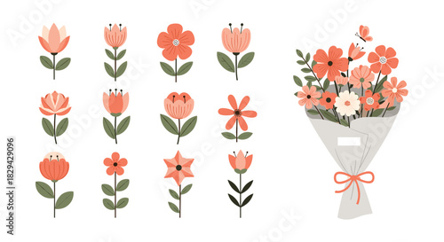 Charming collection of coral floral elements featuring a beautiful bouquet of spring flowers with a butterfly and individual flowers leaves and buds.