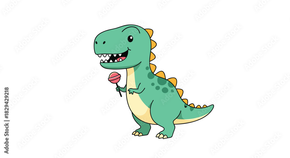 Naklejka premium Adorable cartoon illustration of a happy green T-rex dinosaur holding a sweet pink lollipop with a cheerful smile.