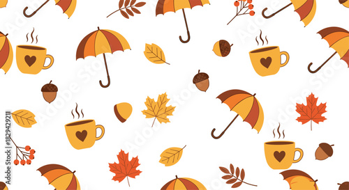 Delightful autumn seamless pattern design featuring cozy hot beverages umbrellas and colorful falling leaves and acorns on a crisp white background perfect for seasonal projects.