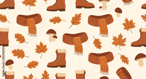 Cozy seamless pattern featuring classic autumn elements like warm boots a knitted scarf colorful leaves and small mushrooms.