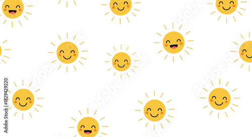 Adorable seamless pattern featuring cheerful cartoon sun characters with happy smiling faces radiating warmth and joy on a bright white background ideal for children's designs.