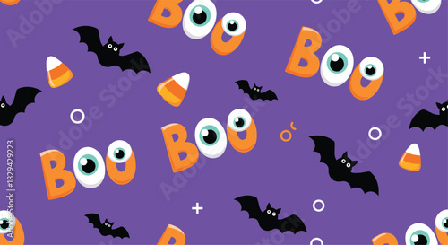 Spooky Halloween seamless pattern featuring orange BOO text with googly eyes flying bats and candy corn on a vibrant purple background perfect for festive decorations.