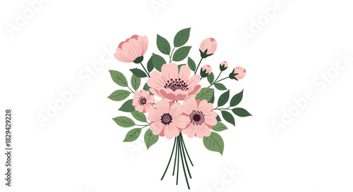 Beautiful hand-drawn bouquet of pink flowers with lush green leaves and budding blossoms tied together on a clean white background conveying elegance and romance.