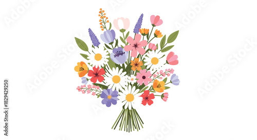 Beautiful vibrant bouquet of various colorful wildflowers and blossoms tied together with green stems on a clean white background evoking a fresh spring or summer feel.