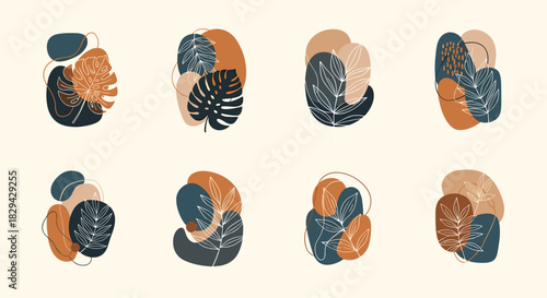 Collection of eight bohemian-style abstract compositions with organic shapes and minimalist tropical leaves in a palette of earthy and muted tones conveying modern elegance.