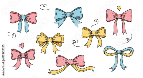 Charming collection of hand-drawn colorful bows in various shapes and sizes with decorative swirls on a pristine white background perfect for gifts and celebrations.