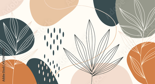 Abstract background design with flowing organic shapes in earthy blue and orange tones along with various linear leaves creating a serene frame for copy space.