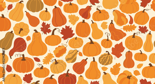 Festive autumn seamless pattern showcasing a delightful variety of pumpkins and squash alongside colorful fall leaves in warm orange and brown tones on a light beige background.