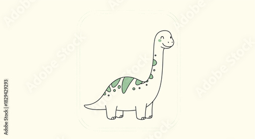 Adorable hand-drawn cartoon dinosaur with a long neck and playful spots smiling sweetly within a dotted rectangular frame on a soft light beige background.