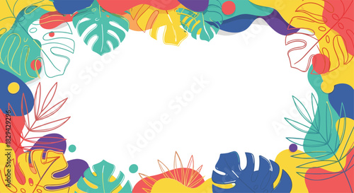Vibrant summer-themed abstract background featuring a border of colorful tropical leaves and organic shapes framing a pristine white central copy space.