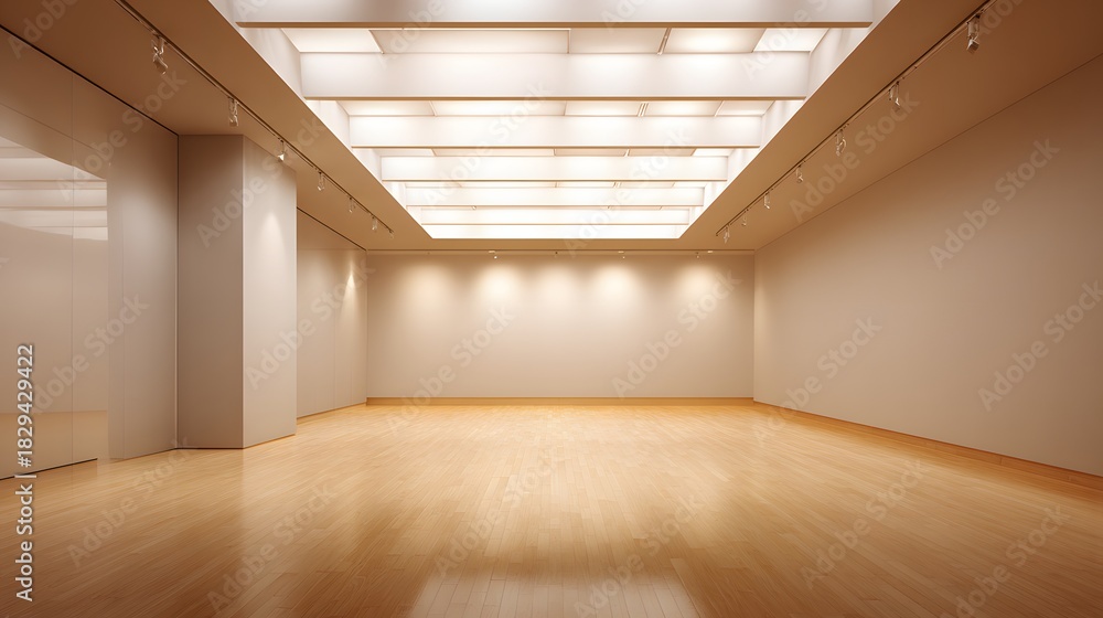 Fototapeta premium Modern minimal empty hall smooth timber floor soft neutral wall professional lighting