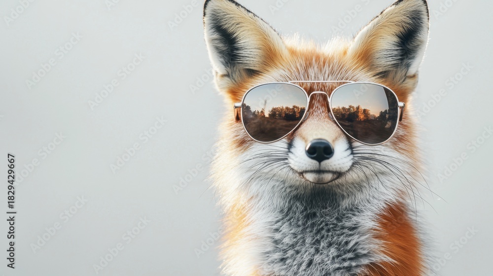 Obraz premium Fox wearing sunglasses poses for the camera in a playful and charming manner against a light background
