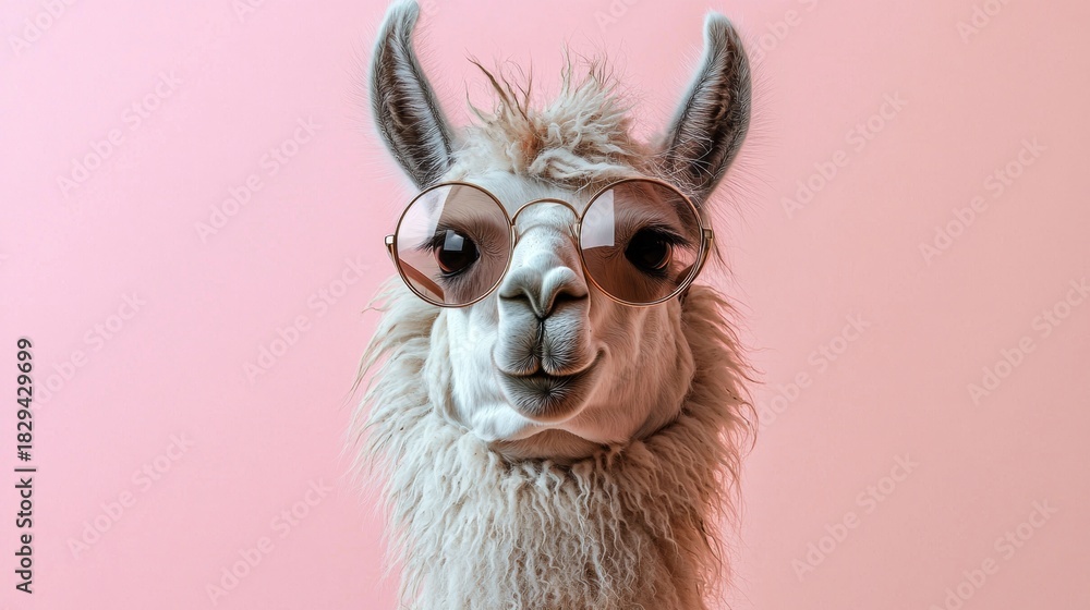 Obraz premium Playful llama wearing sunglasses in front of a pink background smiles for the camera at a fun photo session