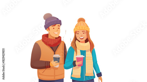 Couple winter season coffee date vector illustration for christmas holiday vacation and cold weather fashion style
