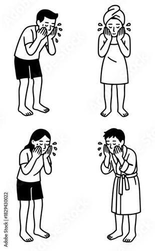 4 Illustrations of people washing their faces, black, transparent background